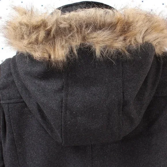 Charcoal Faux Fur Hooded Wool Blend Coat Jacket - Picture 8 of 9